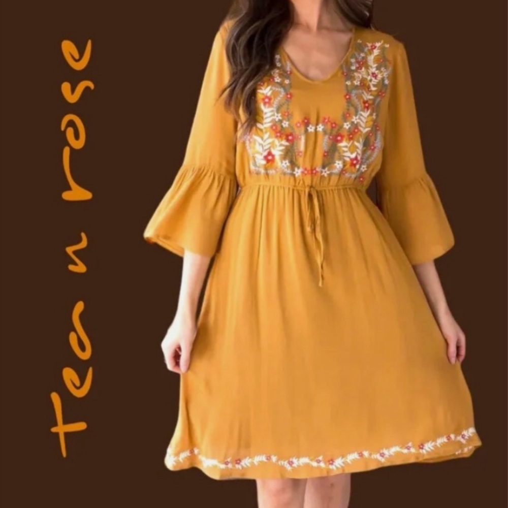 Tea Rose yellow floral boho bohemian dress large Anthropologie New $98